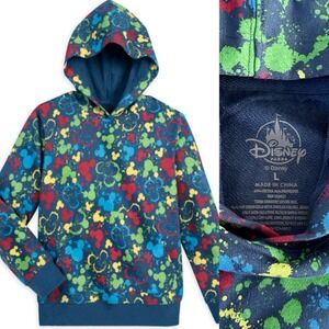 Disney Parks Unisex Large Blue Multi Mickey Mouse Ink Paint Pullover Hoodie NEW